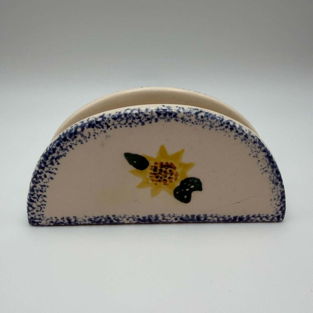 Vintage Sunflower Ceramic Napkin Holder Blue Sponge Dot Border Country Cottage